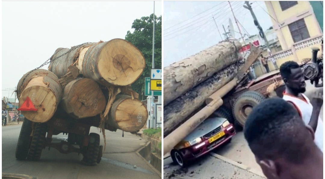 Obuasi Mangoase: Truck loaded with timber crushes down vehicles